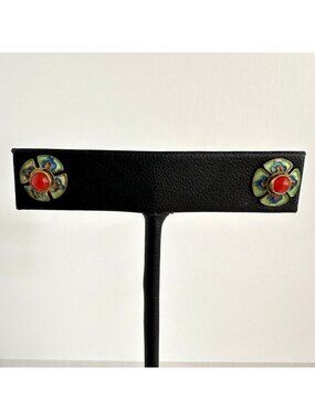 Chinese Export Sterling Gold Wash Cloisonne Enamel Flower Stud Earrings